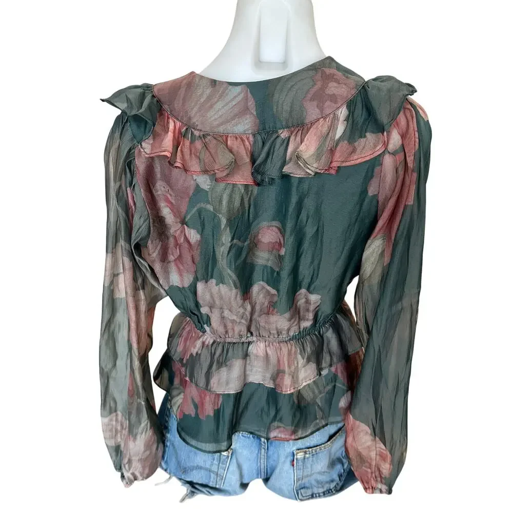 Hutch Hunter Green Chiffon Ruffle Top MEDIUM Cottage Fall Romantic Designer $180 - Picture 9 of 10